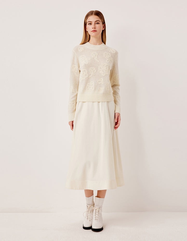 MARYLING Ribbed Round Neck Merino Wool Off-White Jacquard Pullover Sweater