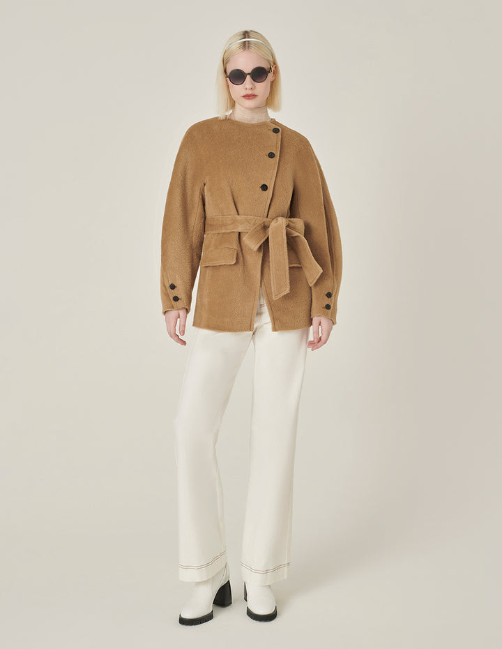 MARYLING Crew-Neck Single Oblique Breasted Belted Long-Sleeve Cashmere Coat