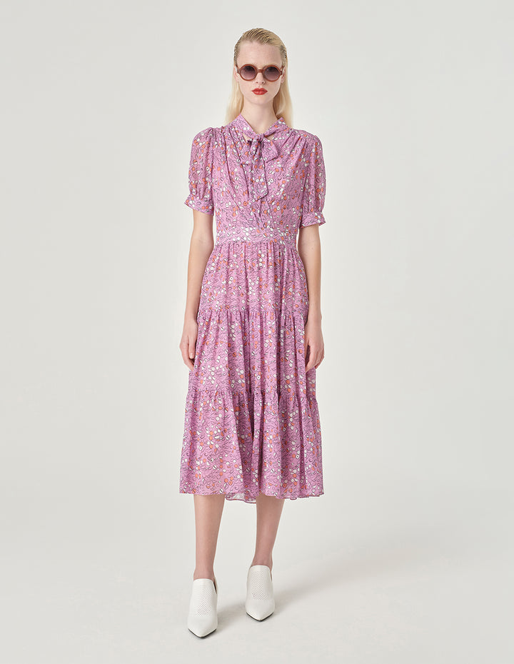 MARYLING Ribbon Pleated Short-Sleeved Dress