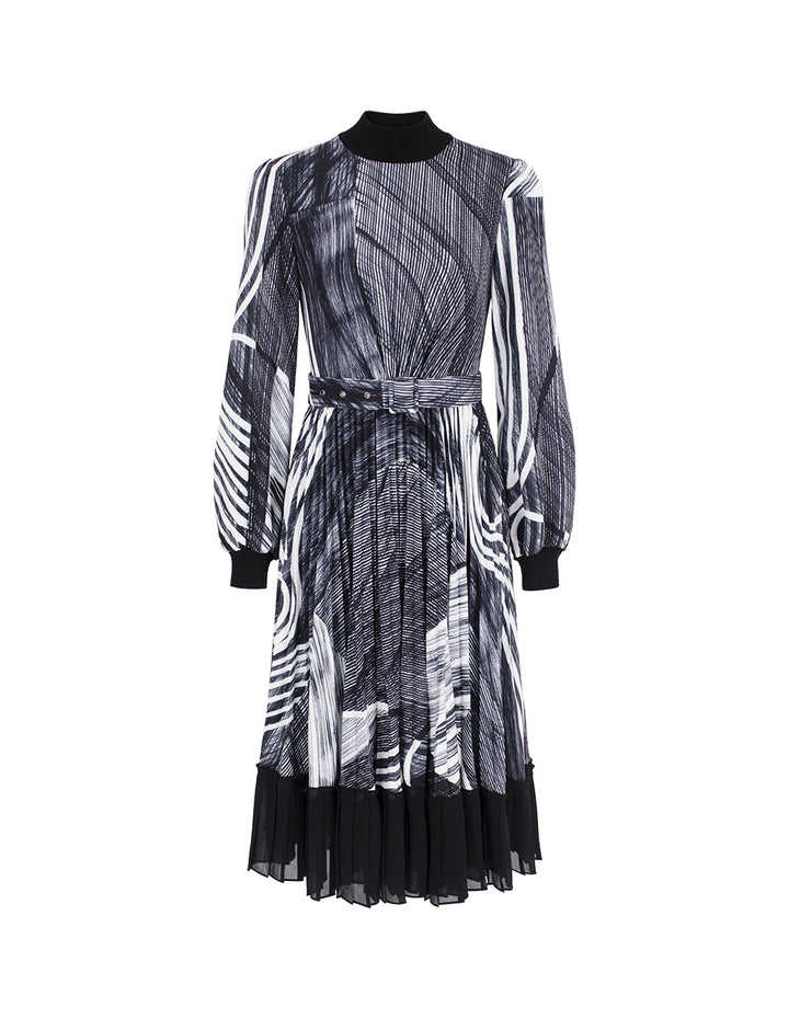 MARYLING Knitted Turtleneck Printed A-Line Pleated Midi Dress