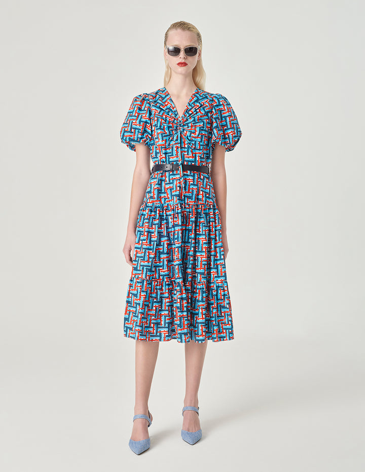 MARYLING Plaid V-Neck Puff Short Sleeve A-Hem Dress
