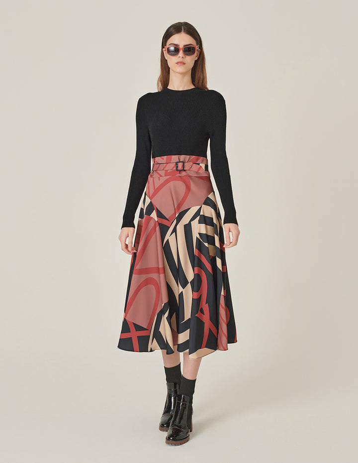 MARYLING Round-Neck Long-Sleeve Knitted Printed Pleated Midi Dress