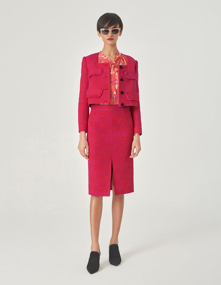 MARYLING Red Square Collar Short Tweed Jacket