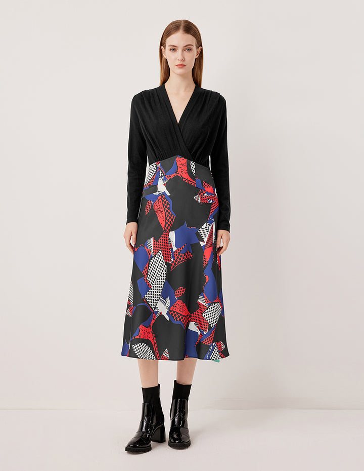 MARYLING V-Neck Long Sleeve Patchwork Printed Knit Dress