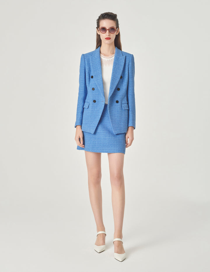 MARYLING Ice Blue Tweed Peaked Lapel Double-Breasted Blazer