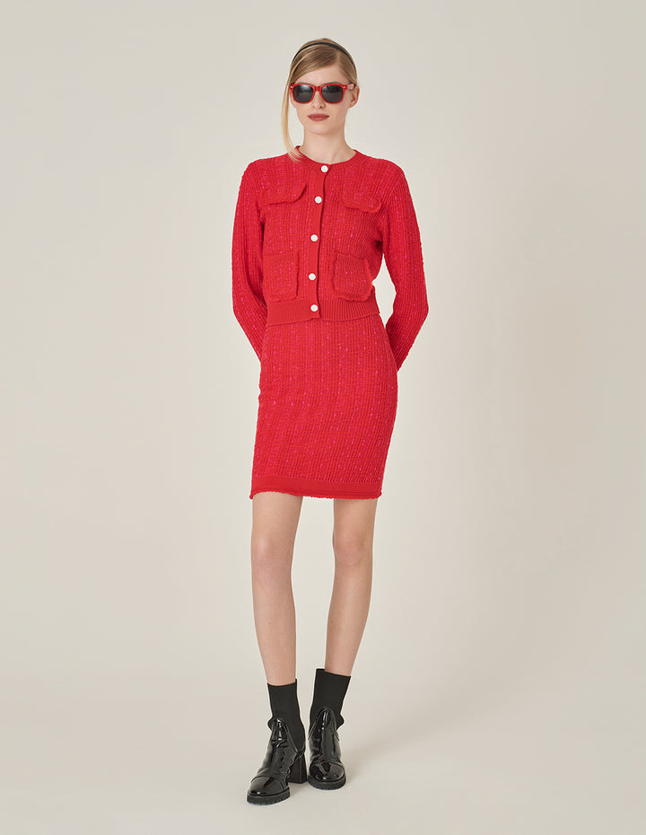 MARYLING Red Round Collar Knit Cardigan