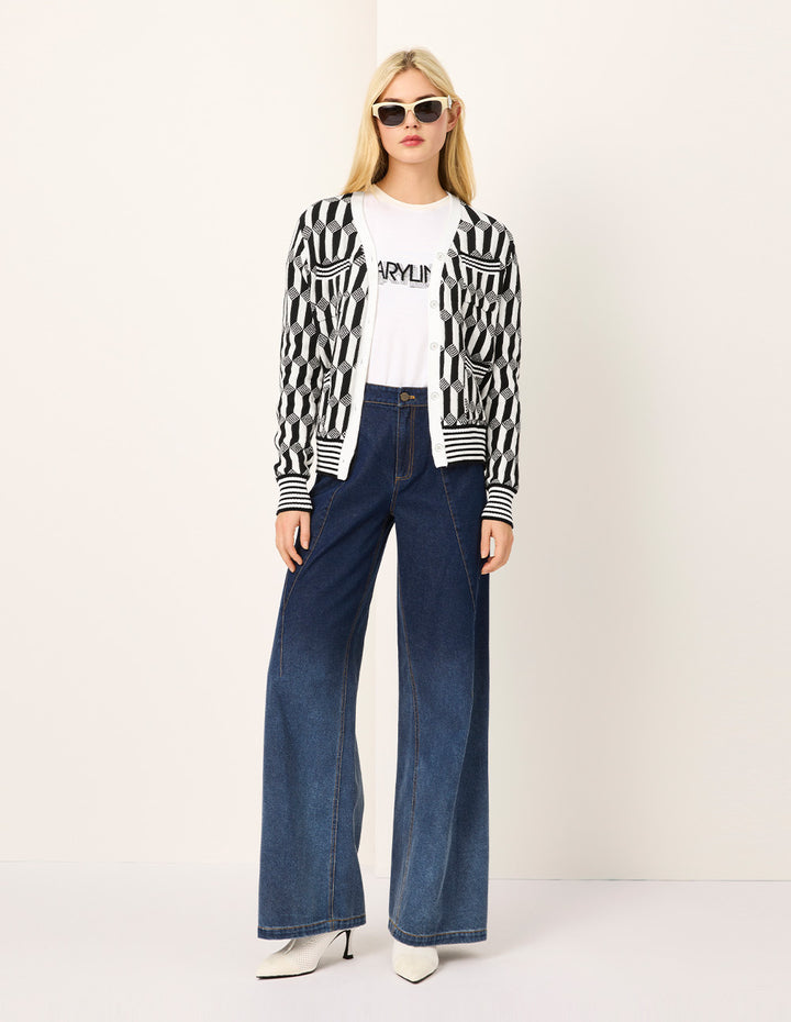 MARYLING Geometric Patterned Jacquard Multi-Pockets Black And White Knit Cardigan