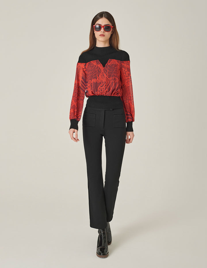 MARYLING High Collar Knit Patchwork Print Blouse