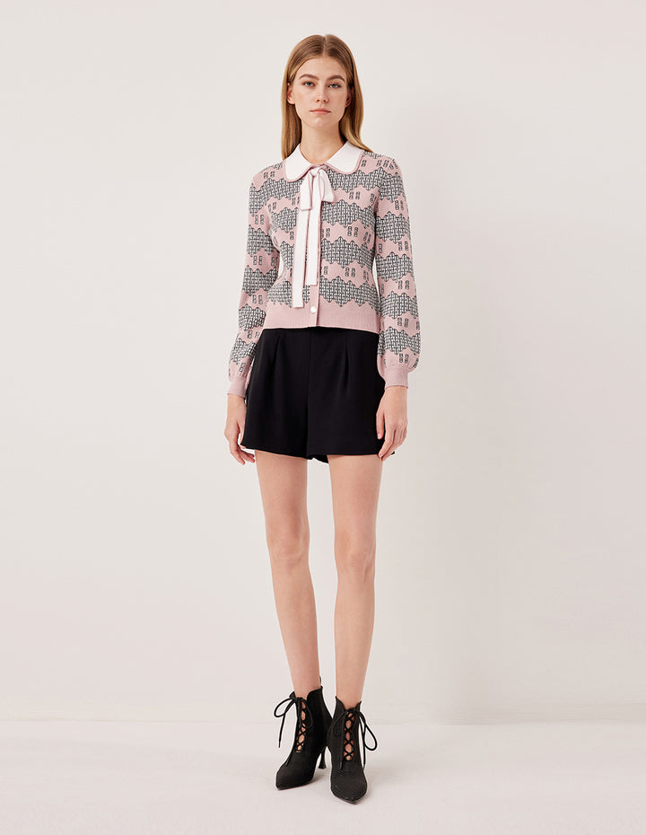 MARYLING Peter Pan Collar Long Puff Sleeve Pink Garden Print Knit Cardigan