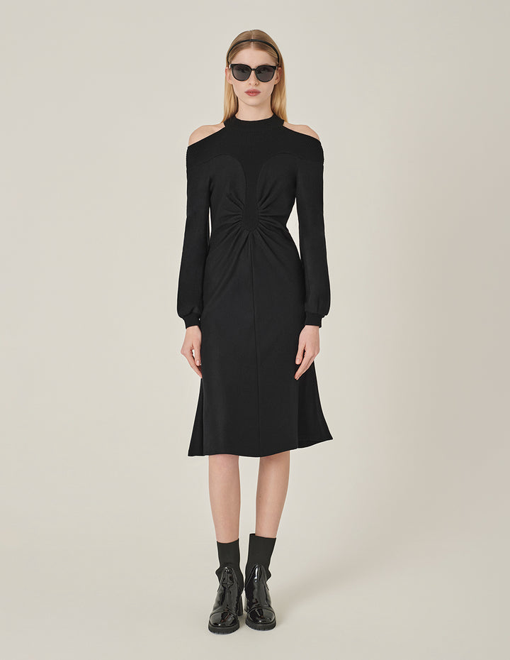 MARYLING Off-Shoulder Long Sleeve Patchwork Knit Wool Pleated Midi Dress