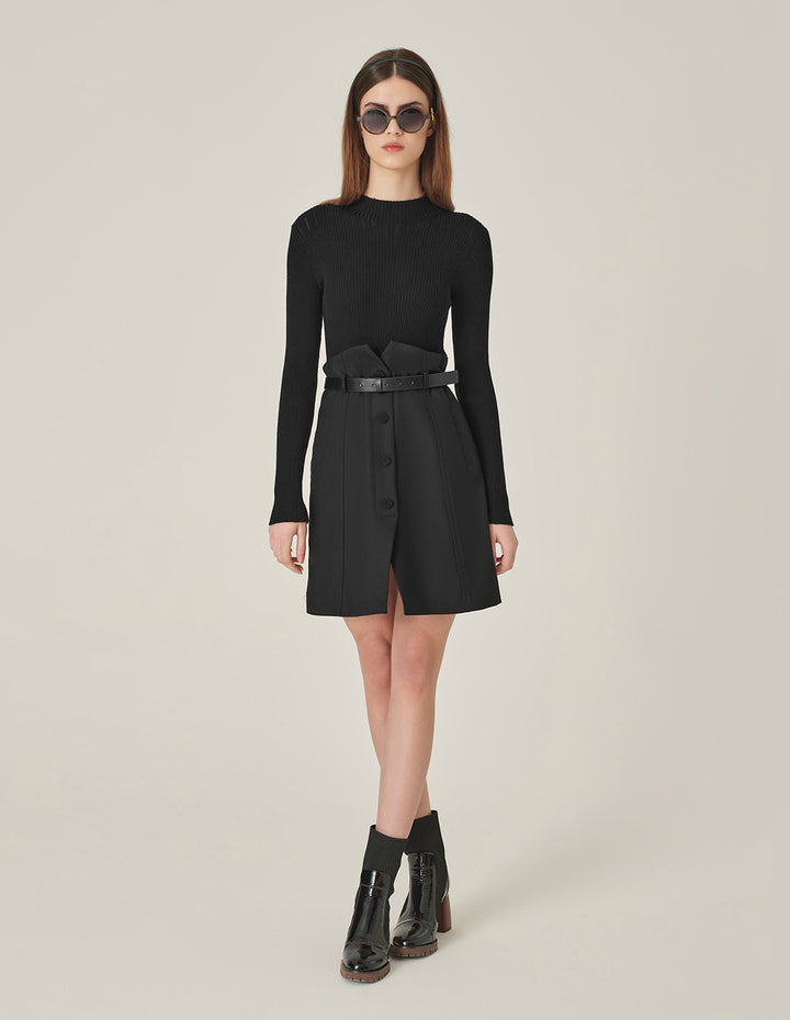 MARYLING Black Faux Wool Knit Slit Dress