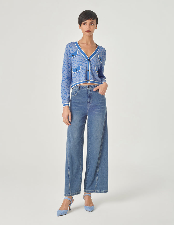 MARYLING Denim Blue V-Neck Jacquard Knitted Cardigan