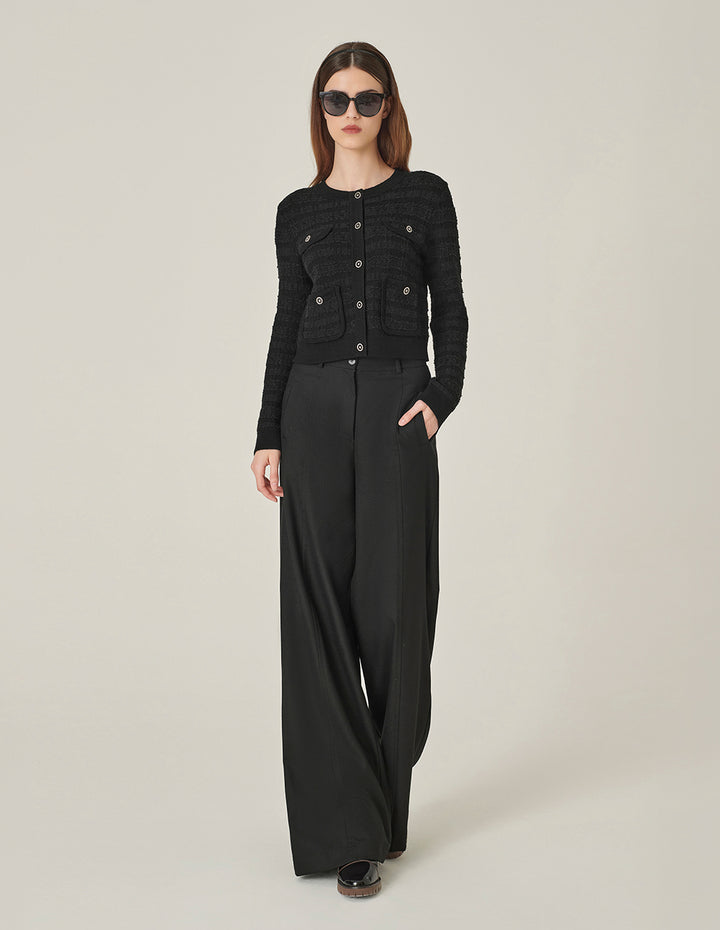 MARYLING Black Round Neck Dark Texture Cropped Knitted Cardigan