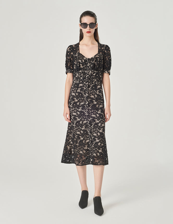 MARYLING Puff Sleeve Fishtail Lace Dress