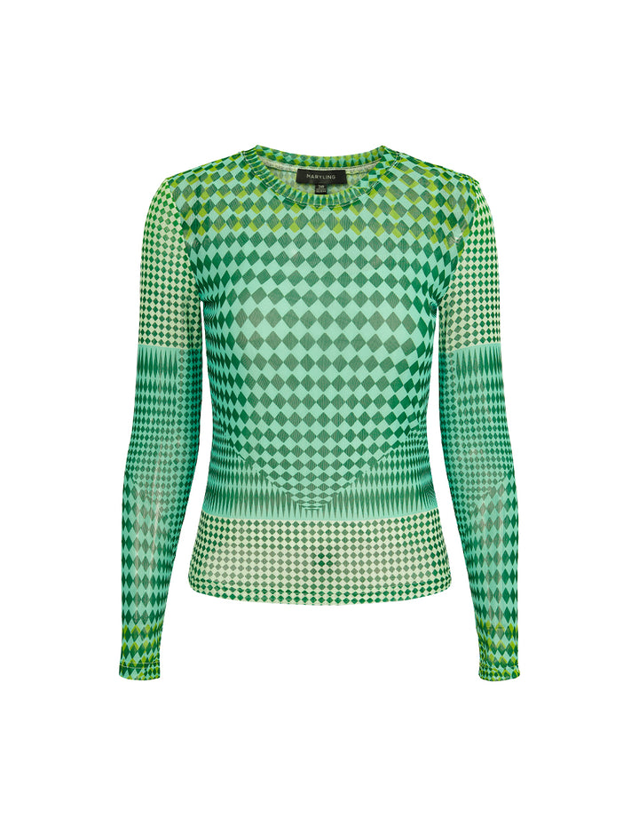 MARYLING Round-Neck Long-Sleeve Slim Green Gingham Art Print Top