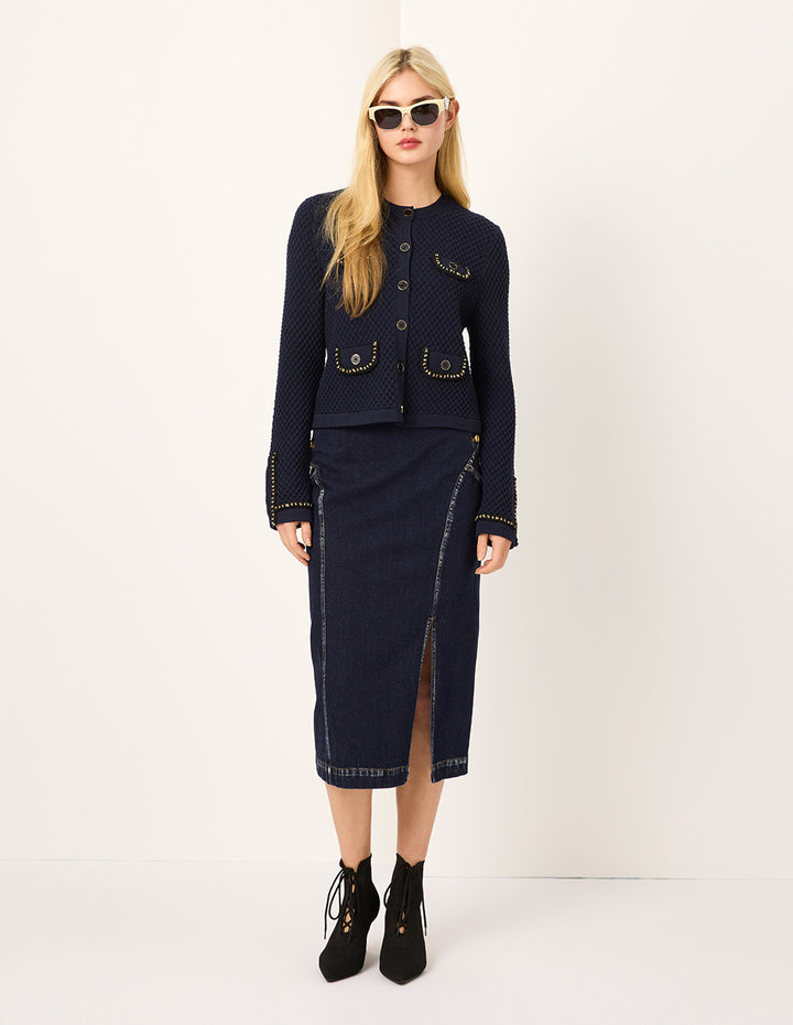 MARYLING Round-Neck Chain Mutil-Pocket Cropped Knit Cardigan