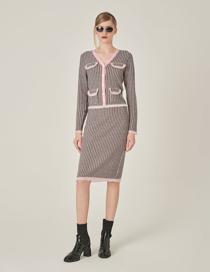 MARYLING Houndstooth Straight-Leg Knee-Length Wool Knitted Skirt