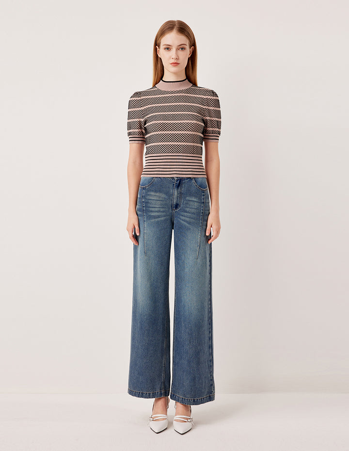 MARYLING Mock Neck Short Sleeve Lace Plaid Knit Pullover