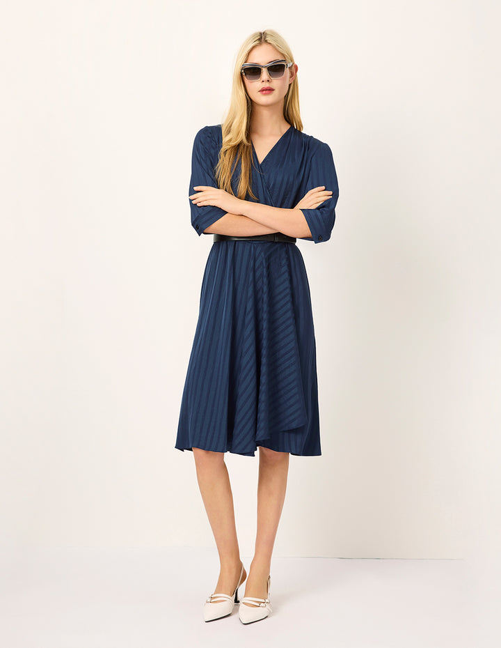 MARYLING V-Neck Short-Sleeve Striped Pleated Midi Wrap Dress