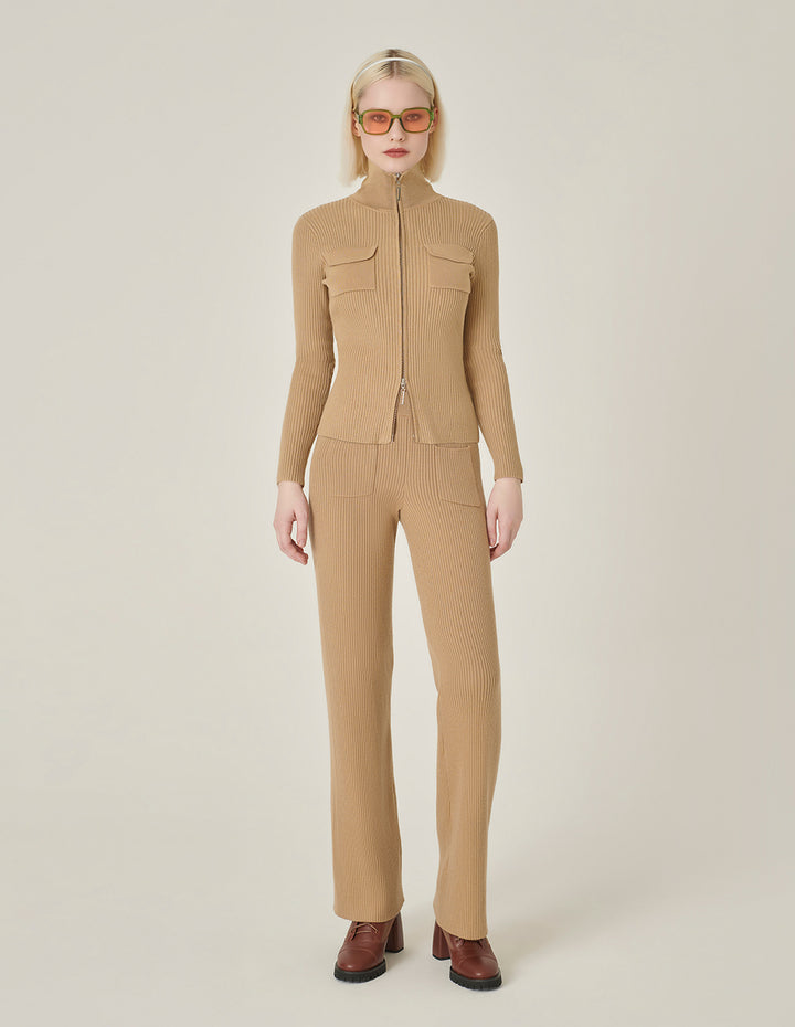 MARYLING Straight Wide-Leg Apricot Pocket Knitted Trousers