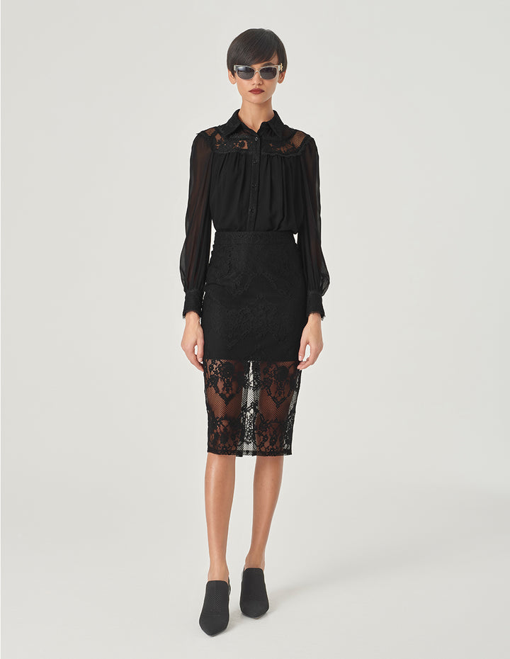 MARYLING Black Lace Paneled Silk Georgette Top