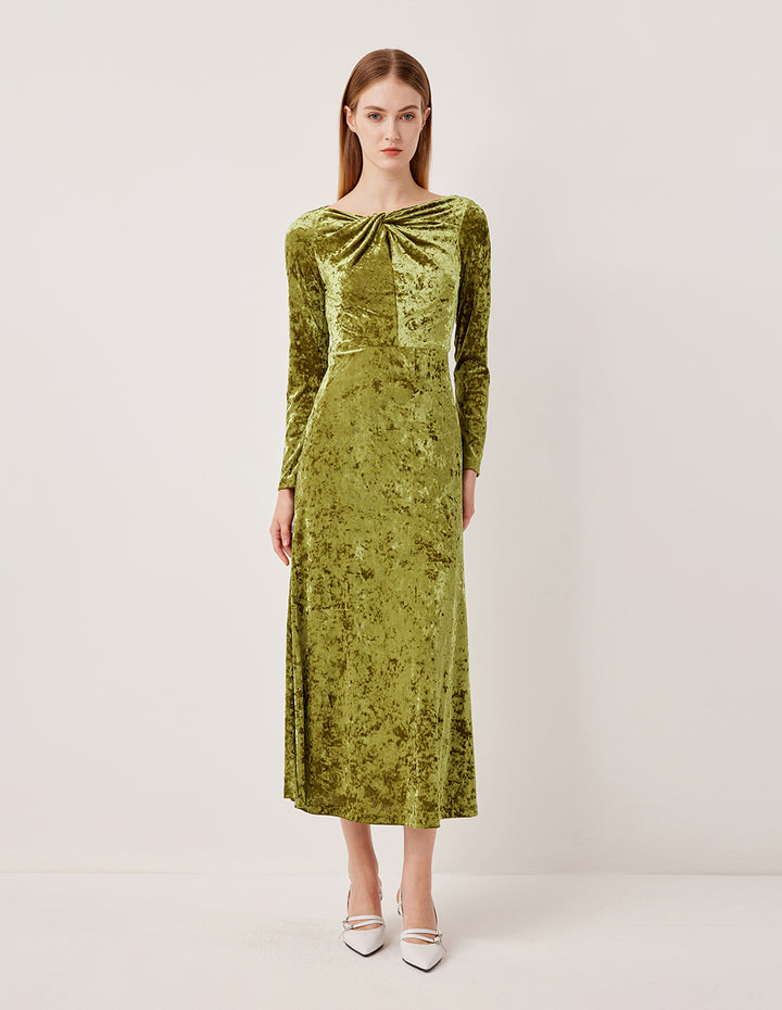 MARYLING Twist V-Neck Gold Velvet Long Sleeve Evening Gown