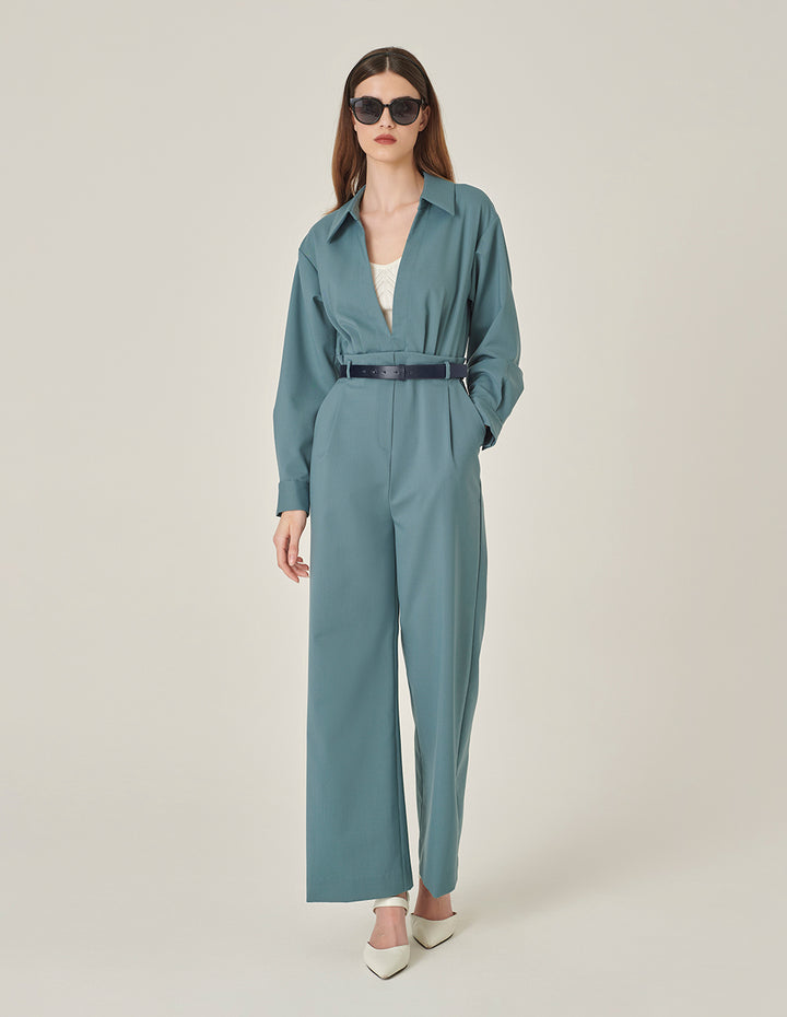 MARYLING Mist Blue Deep V Shirt Collar Wide Leg Jumpsuit