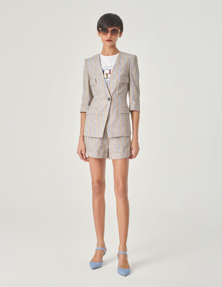 MARYLING Striped Collarless Mid-Length Sleeve Blazer