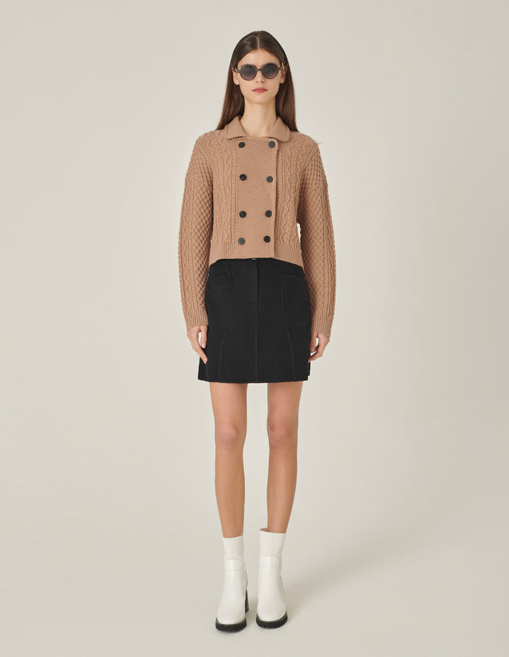 MARYLING Camel Lapel Double-Breasted Knitted Cardigan