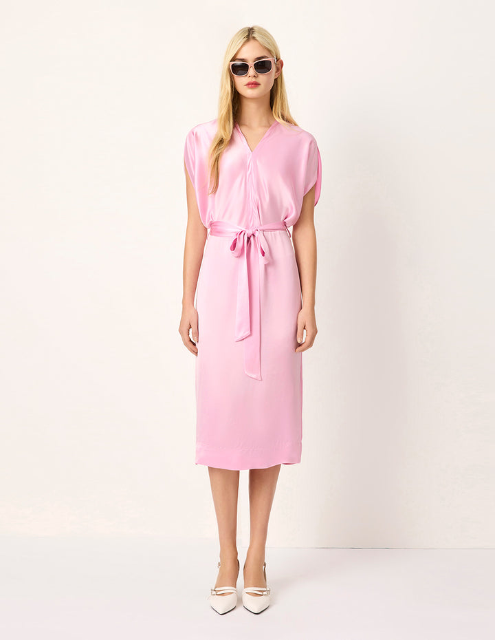 MARYLING Blush Pink V-Neck Belted Midi Dress