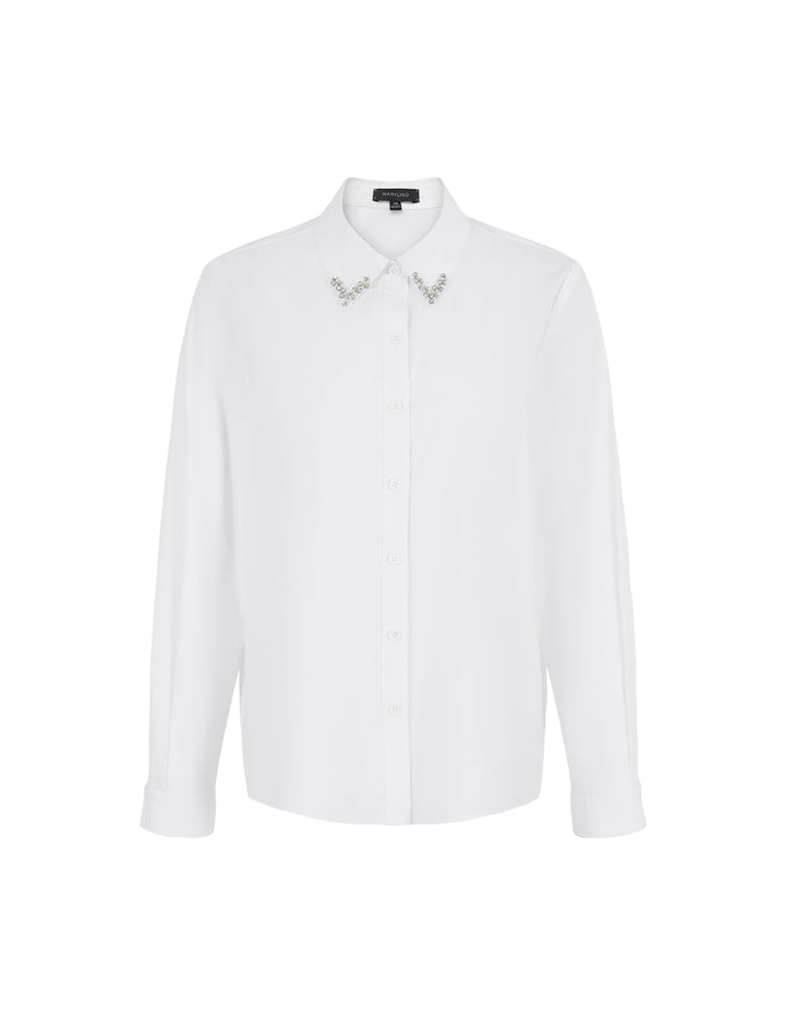 MARYLING Pearl Bead Collar Long Sleeve Cotton White Blouse
