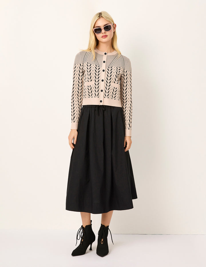 MARYLING Round Neck Geometric Print Long Sleeve Knit Cardigan