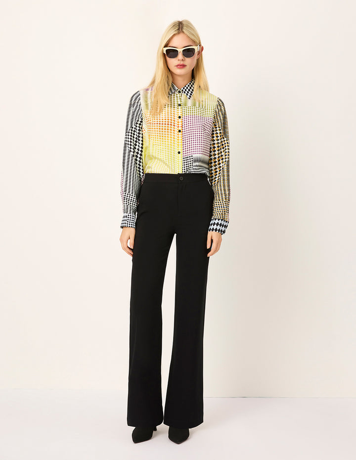 MARYLING Color Block Printed Long Sleeve Silk Blouse