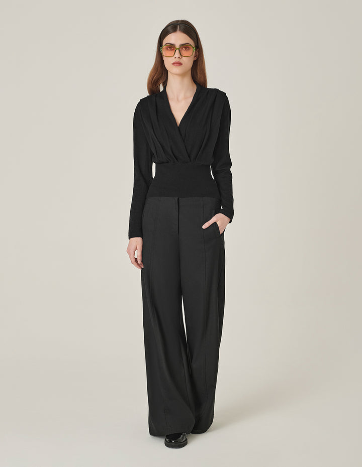 MARYLING Black V-Neck Hem Waisted Thin Knitted Pullover