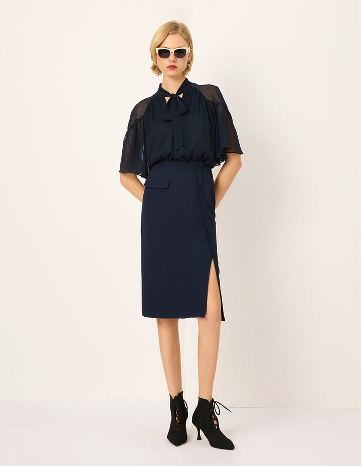 MARYLING V-Neck Half-Sleeve Sheer Overlay Bow Silk Black Top