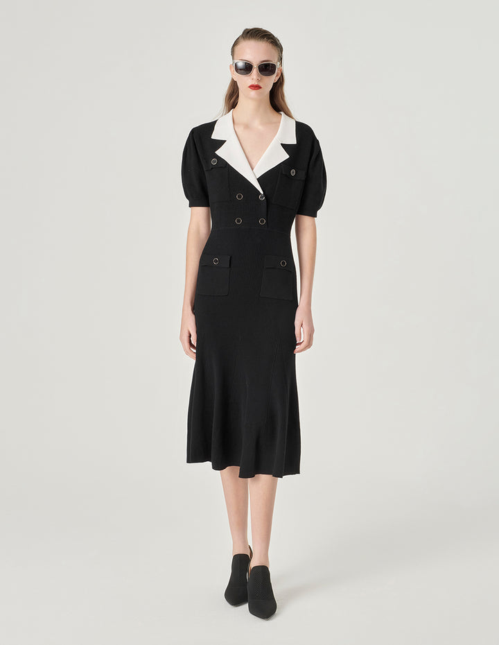 MARYLING Black And White Contrasting Lapel Short-Sleeved Knitted Dress