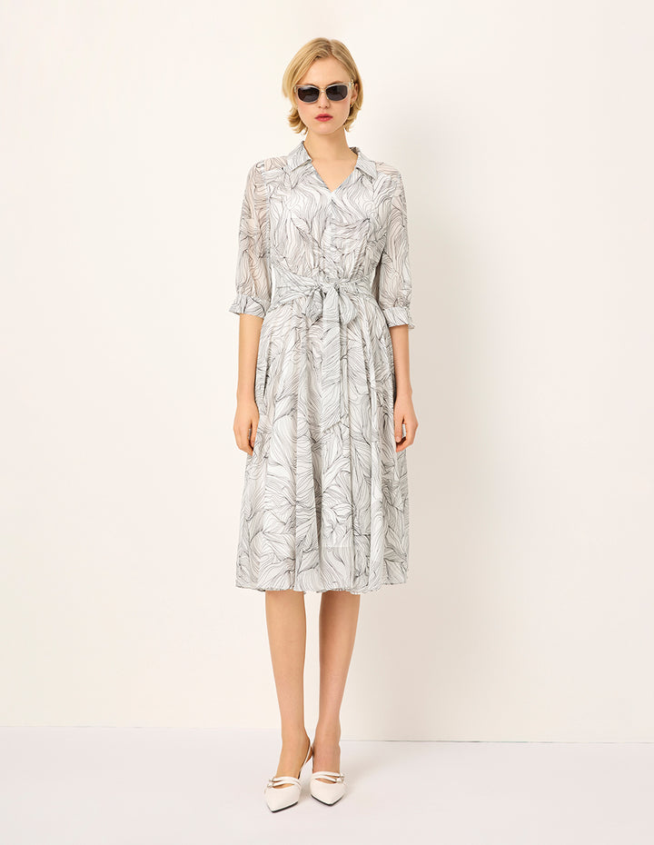 MARYLING Tie-up Lapel Black Stripe Printed Pleated Midi Dress