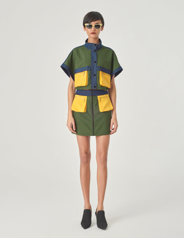 MARYLING Green Denim Patchwork Short-Sleeved Jacket