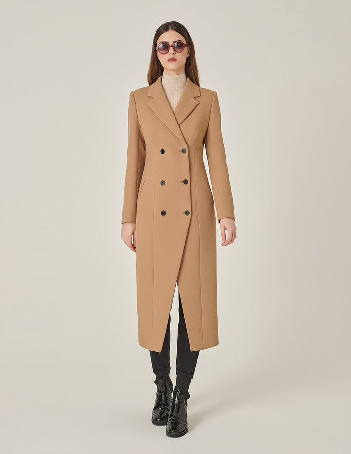 MARYLING Camel Peaked Lapel Double-Breasted Long Coat