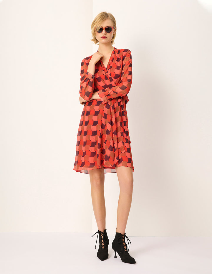 MARYLING Red Houndstooth Wrap Printed Midi Dress