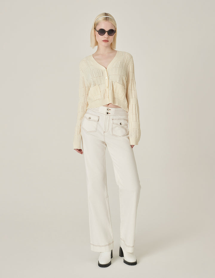 MARYLING Cream V-Neck French Knitted Cardigan