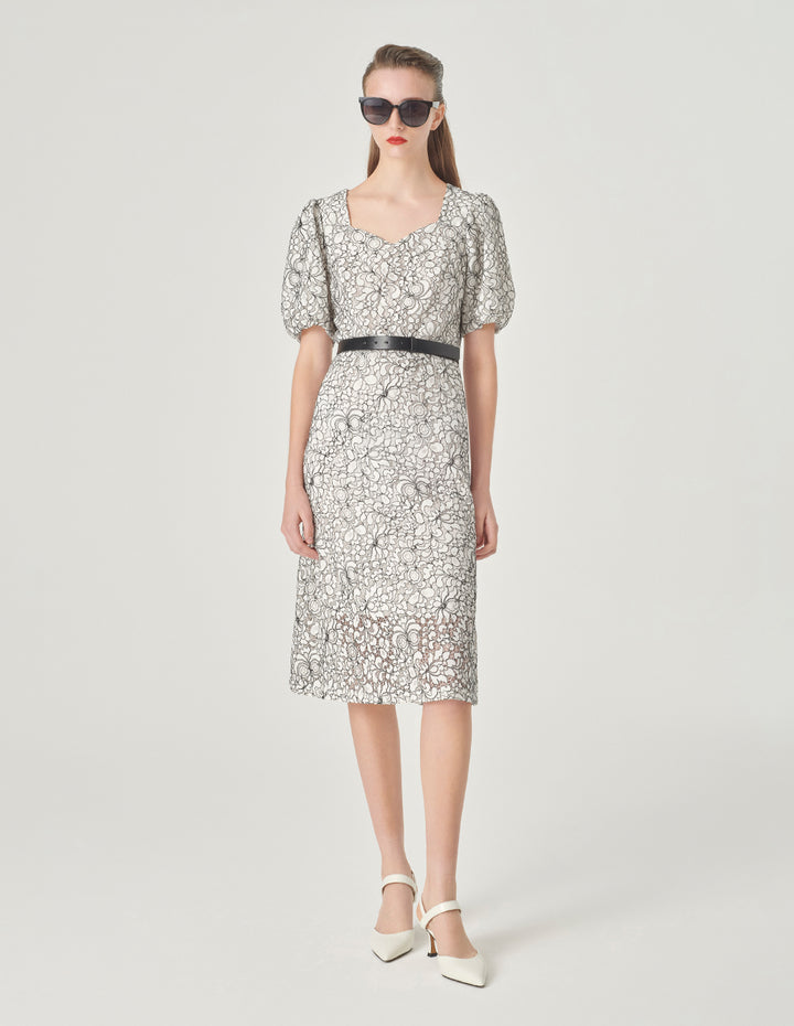 MARYLING Square Neck Puff Sleeve Lace Dress