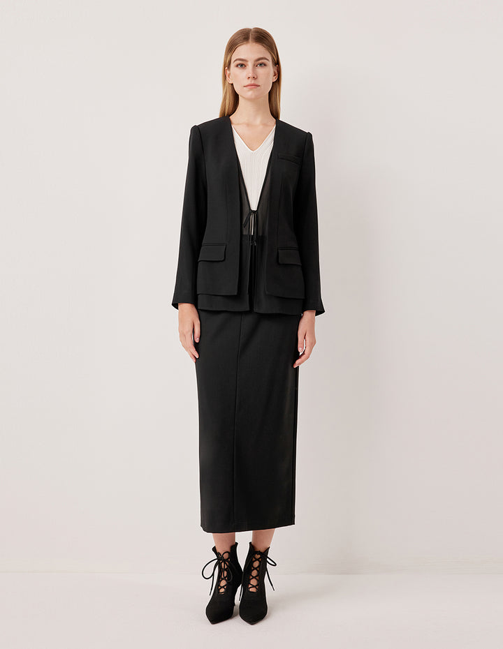 MARYLING Double-Layered Collarless Long-Sleeve Tie Silk & Triacetate Blazer