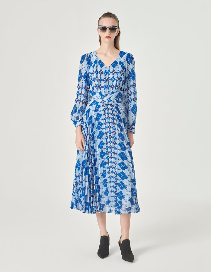 MARYLING Blue And White Diamond Plaid V-Neck A-Hem Dress