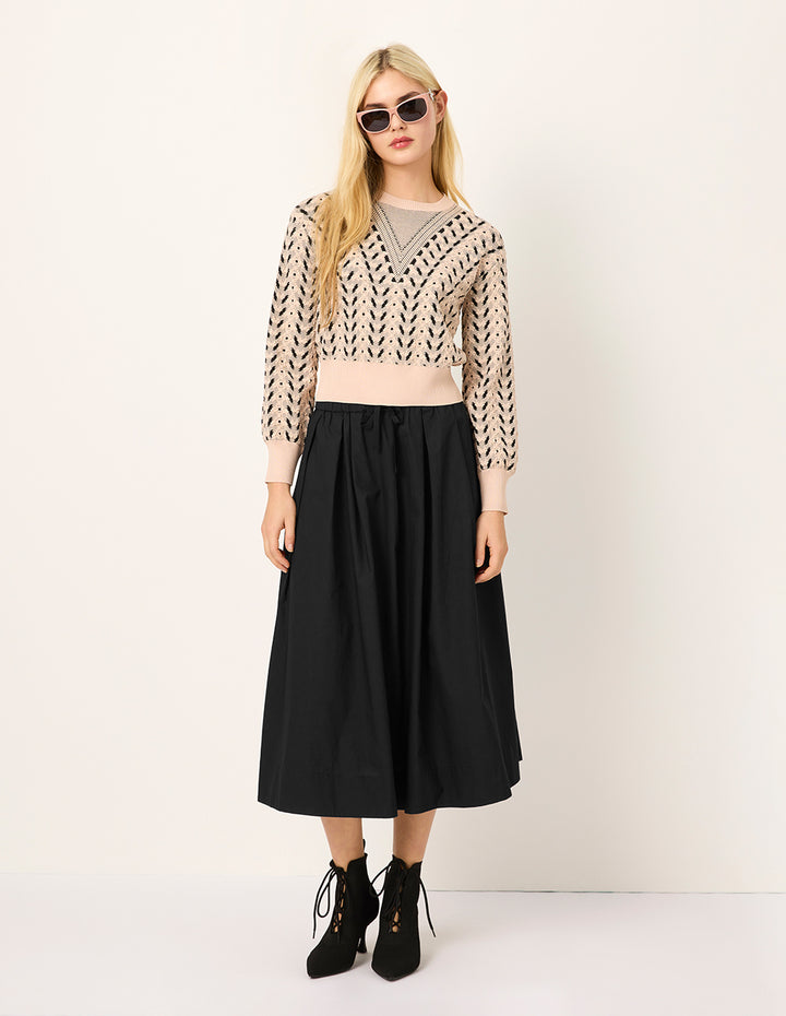 MARYLING Elastic-Waist A-Line Pleated Knee-Length Black Skirt