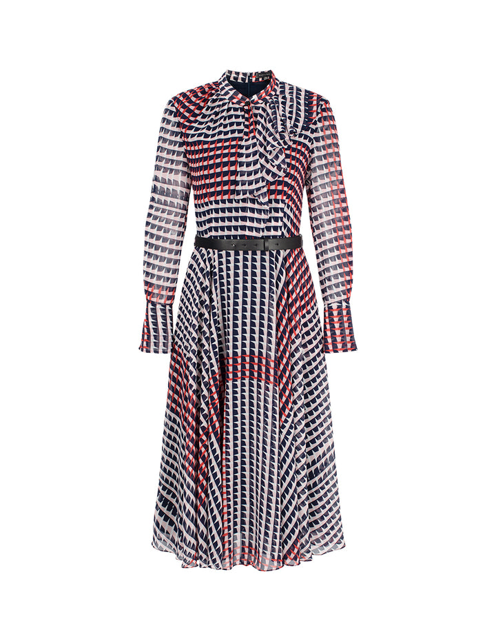 MARYLING Stand-Collar Trumpet Sleeves Houndstooth Pleated Midi Dress