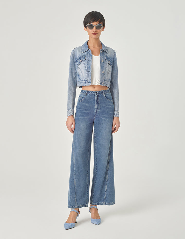 MARYLING Cropped Wash Blue Denim Jacket