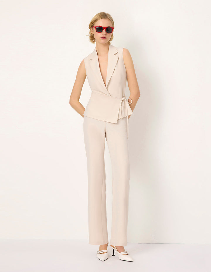 MARYLING Peaked Lapel Sleeveless Wrap-Tie Top