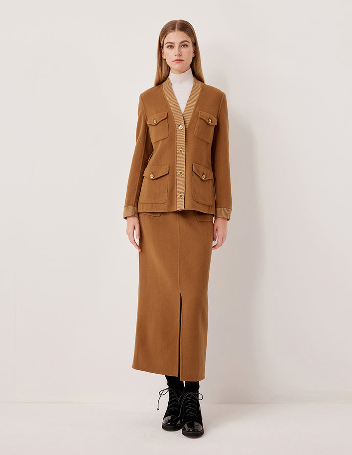 MARYLING V-Neck Long-Sleeve Multi-Pocket Short Wool Coat