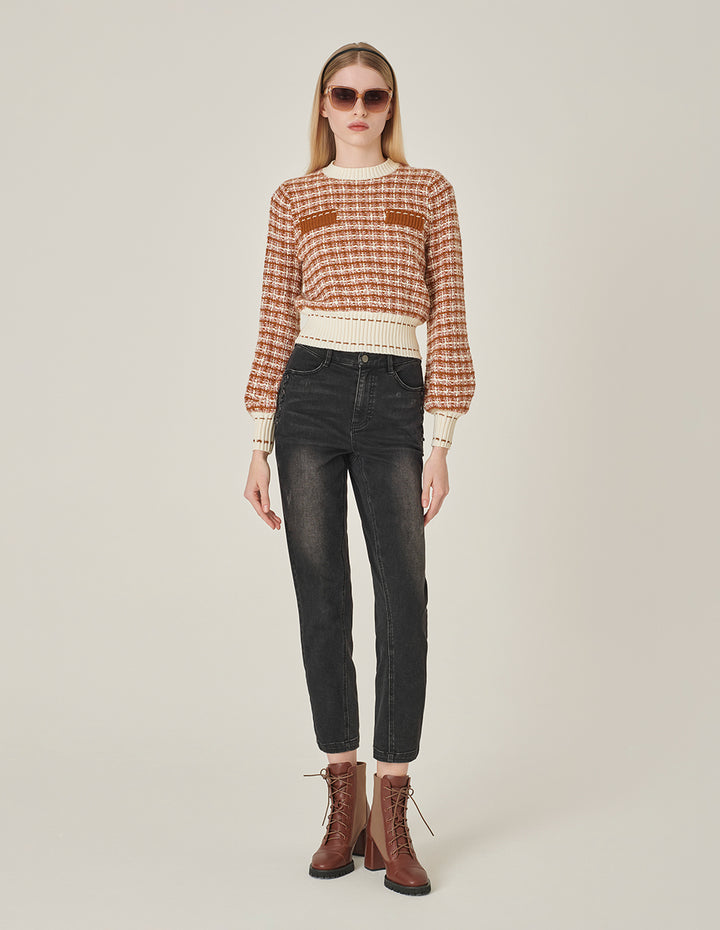 MARYLING Plaid Round Neck Long-Sleeved Cropped Knit Sweater